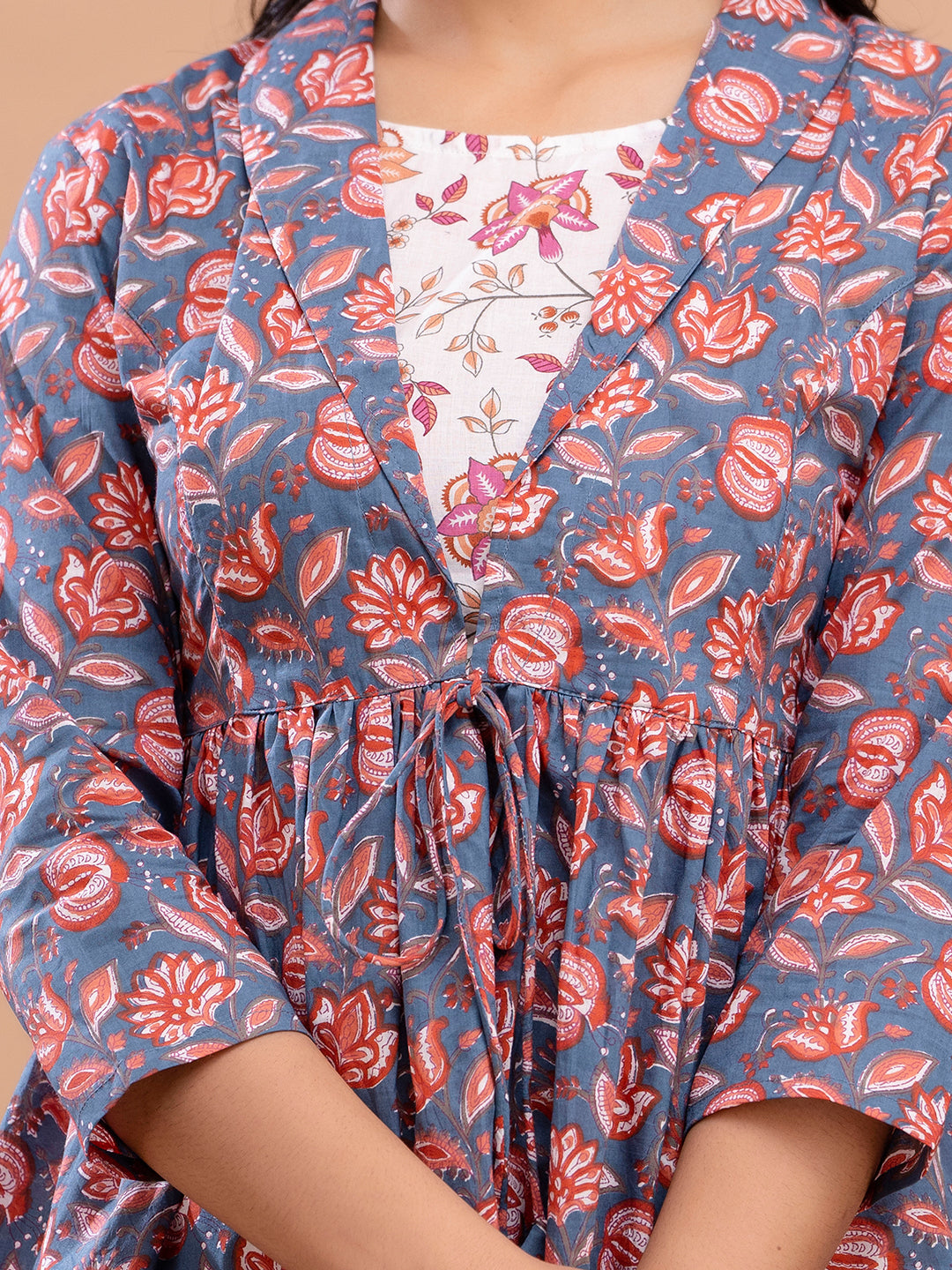 Floral Printed Shirt Collar Pure Cotton Pleated Kurti FRKT6212