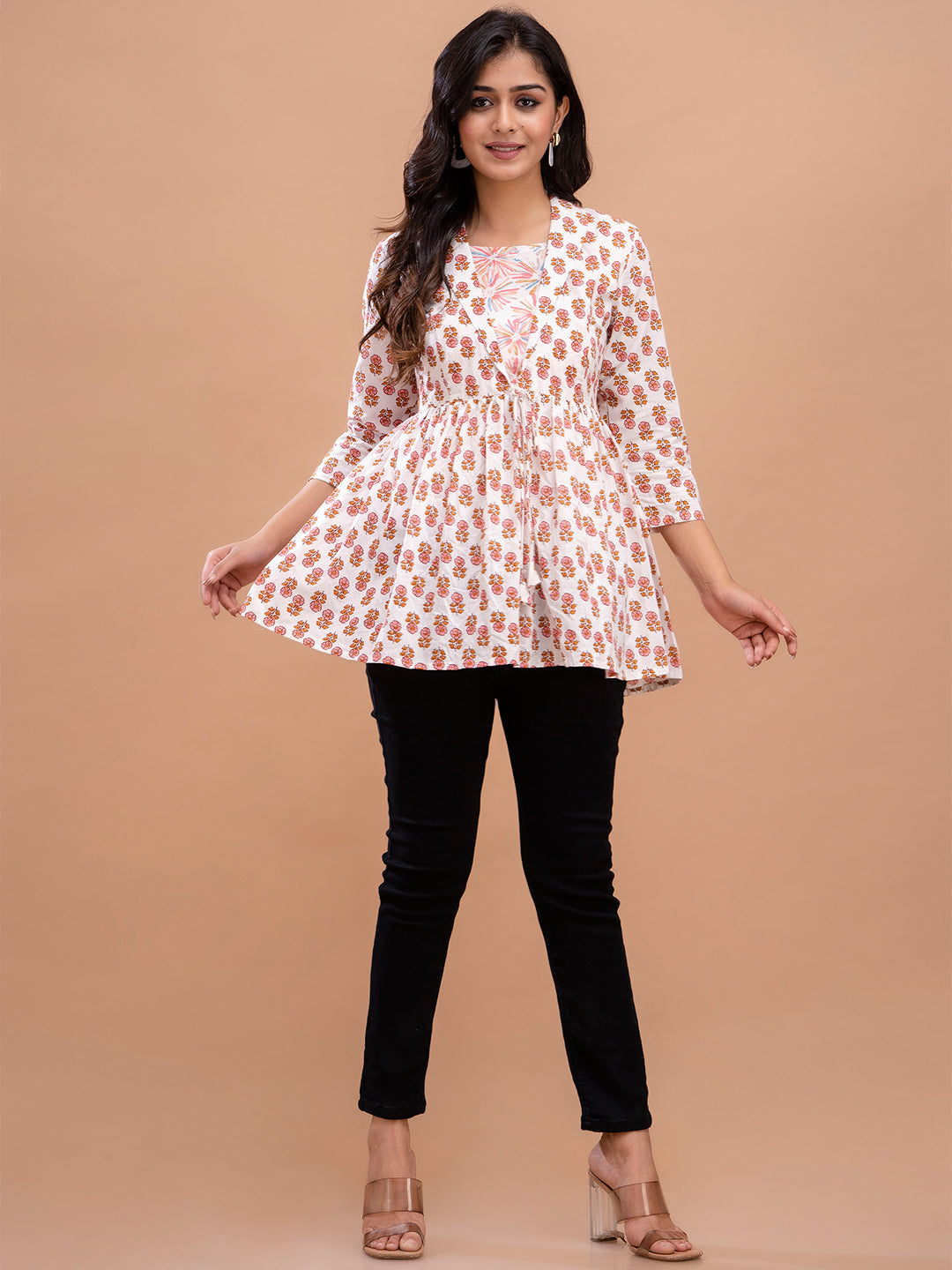 Floral Printed Shirt Collar Pure Cotton Pleated Kurti FRKT6213