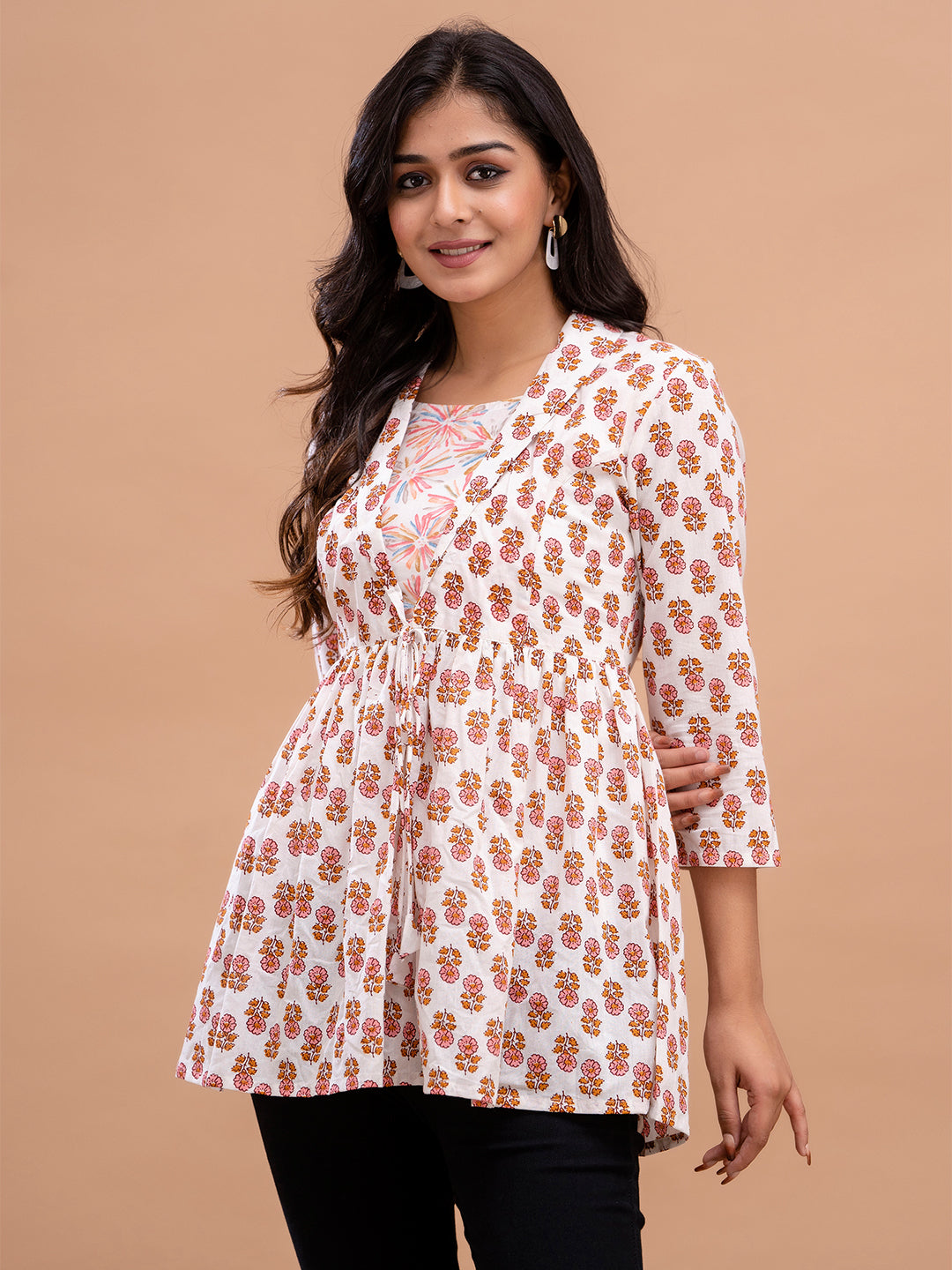 Floral Printed Shirt Collar Pure Cotton Pleated Kurti FRKT6213
