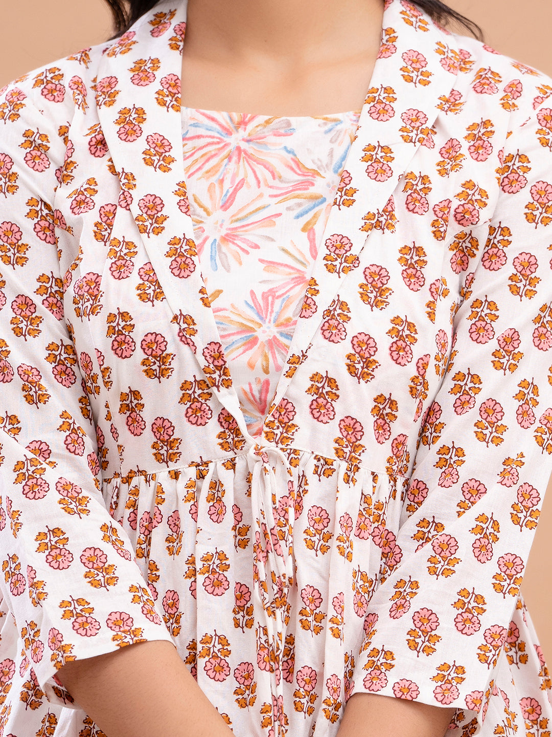 Floral Printed Shirt Collar Pure Cotton Pleated Kurti FRKT6213
