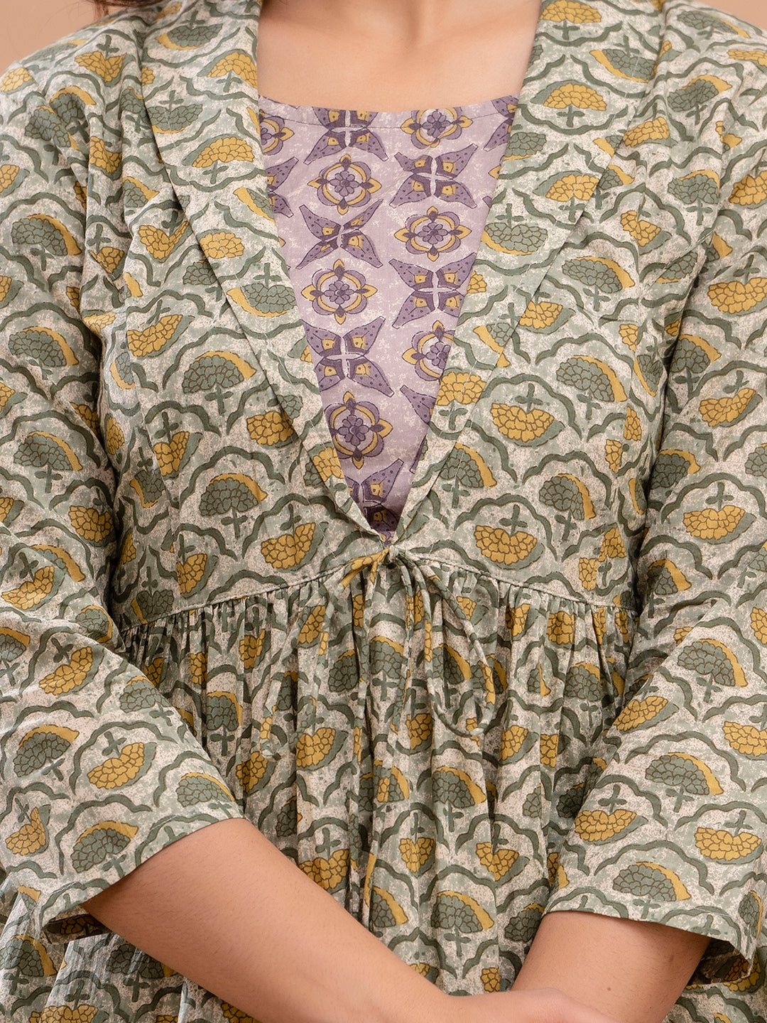 Floral Printed Shirt Collar Pure Cotton Pleated Kurti FRKT6214