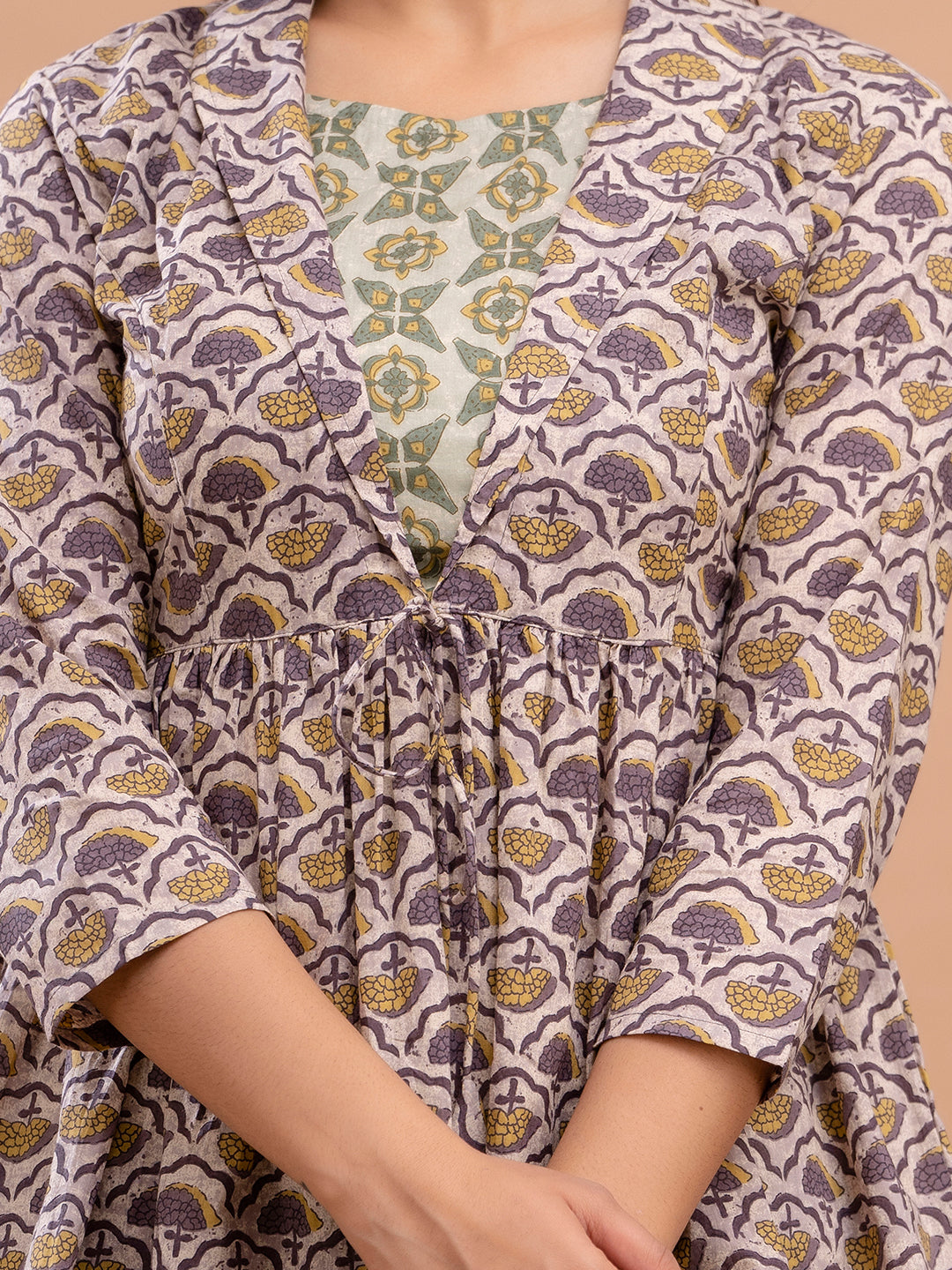 Floral Printed Shirt Collar Pure Cotton Pleated Kurti FRKT6215