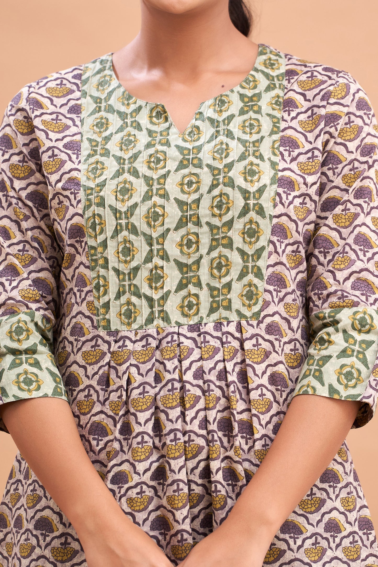 Ethnic Motifs Printed Gathers Cotton Tunic FRKT6221