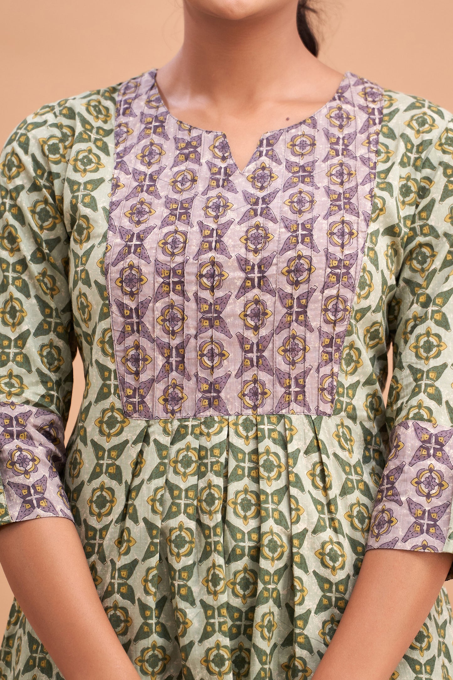 Ethnic Motifs Printed Gathers Cotton Tunic FRKT6220