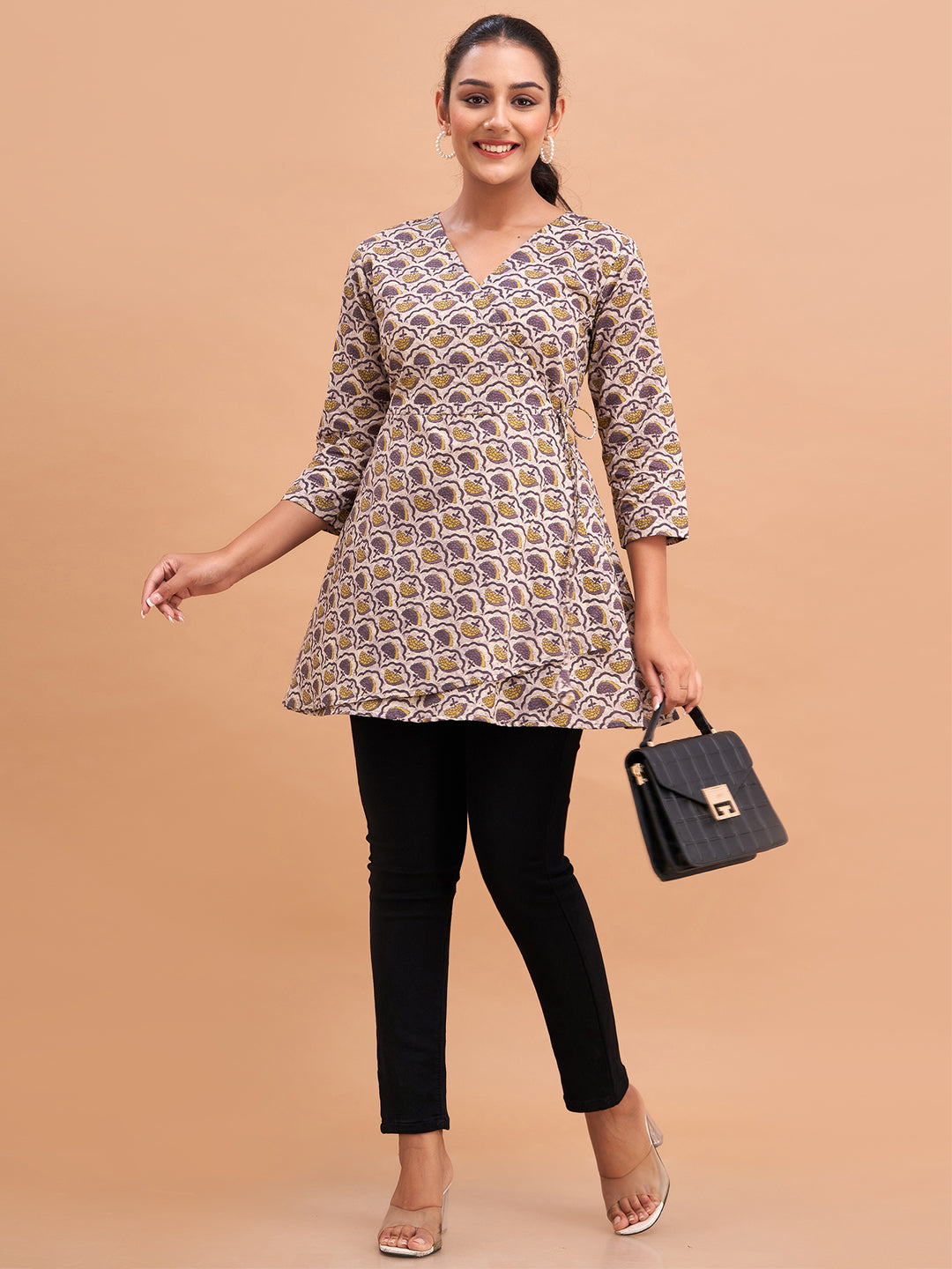 Floral Printed V-Neck Pure Cotton Angrakha A-Line Kurti FRKT6183