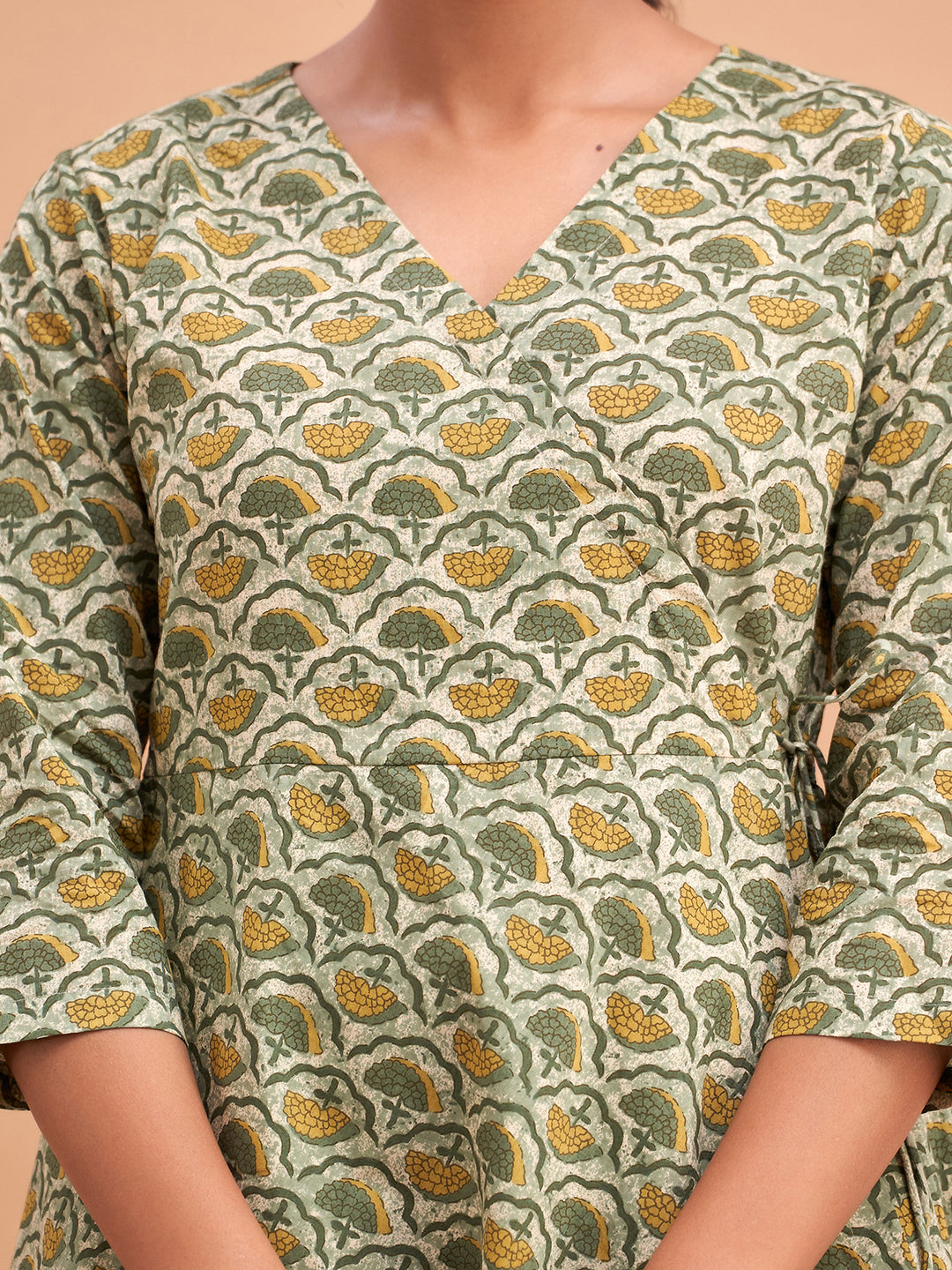 Floral Printed V-Neck Pure Cotton Angrakha A-Line Kurti FRKT6182