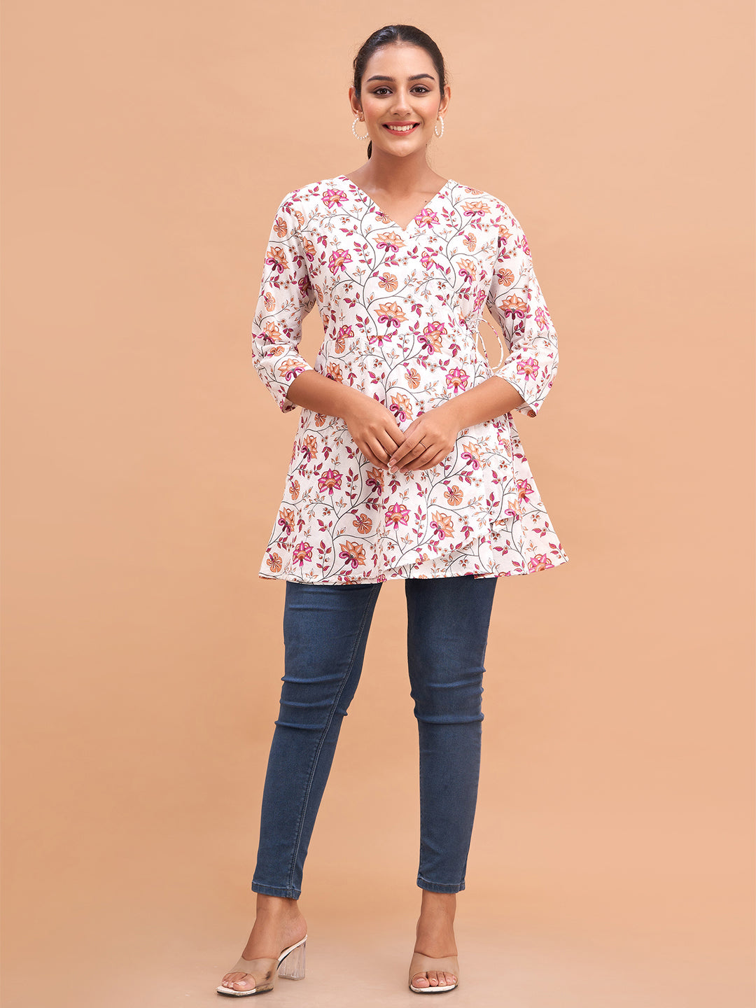 Floral Printed V-Neck Pure Cotton Angrakha A-Line Kurti FRKT6181