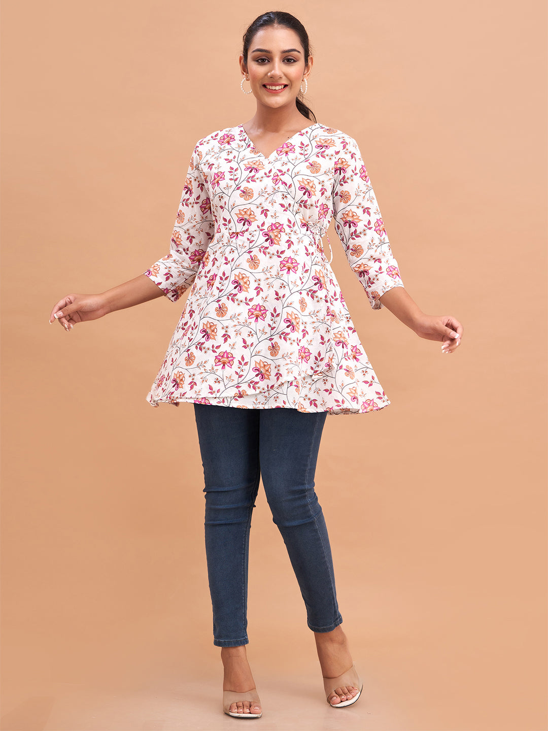 Floral Printed V-Neck Pure Cotton Angrakha A-Line Kurti FRKT6181