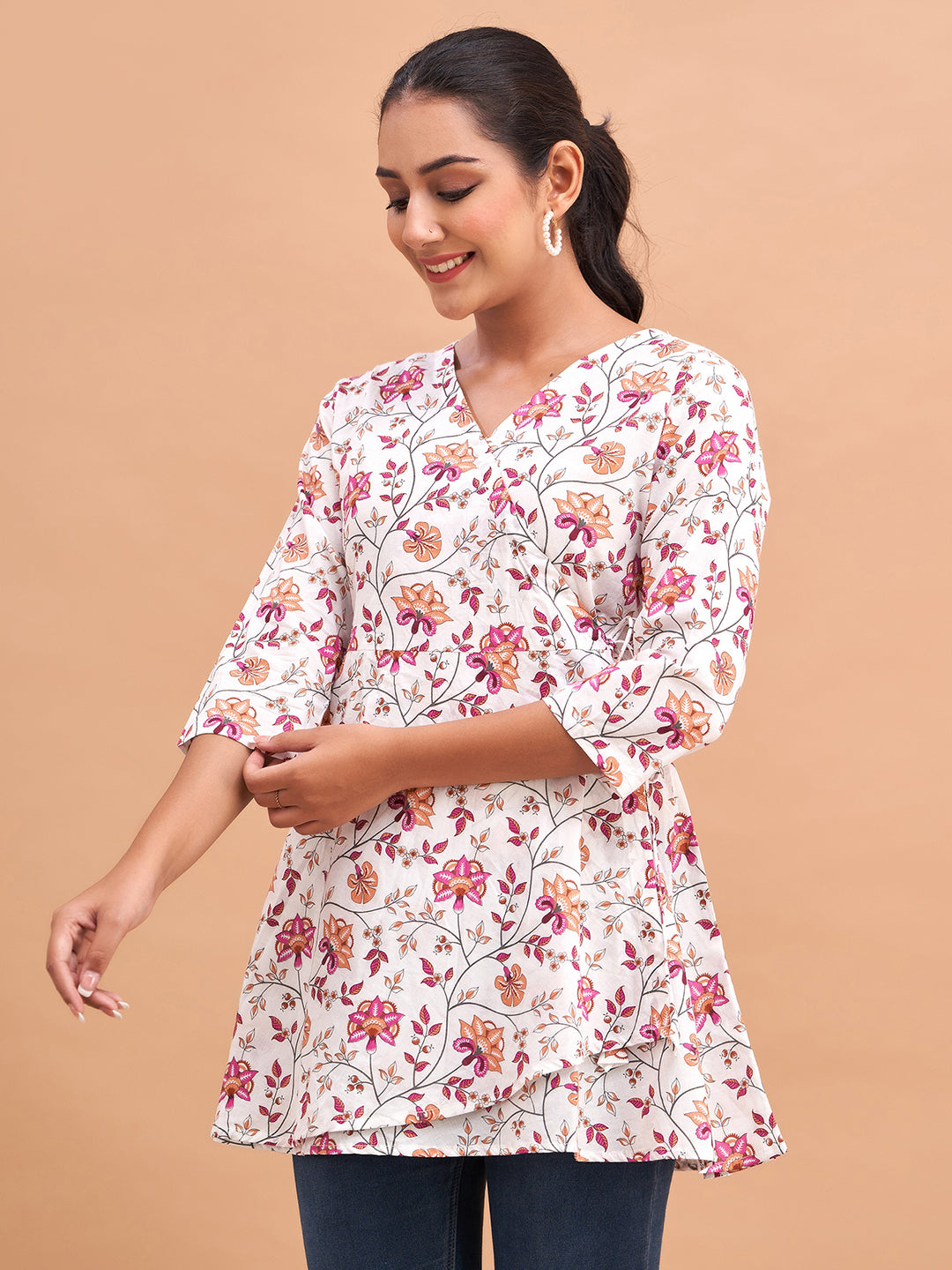 Floral Printed V-Neck Pure Cotton Angrakha A-Line Kurti FRKT6181