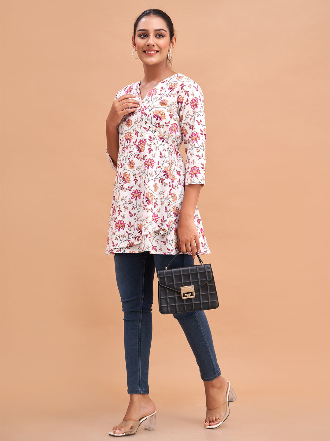 Floral Printed V-Neck Pure Cotton Angrakha A-Line Kurti FRKT6181