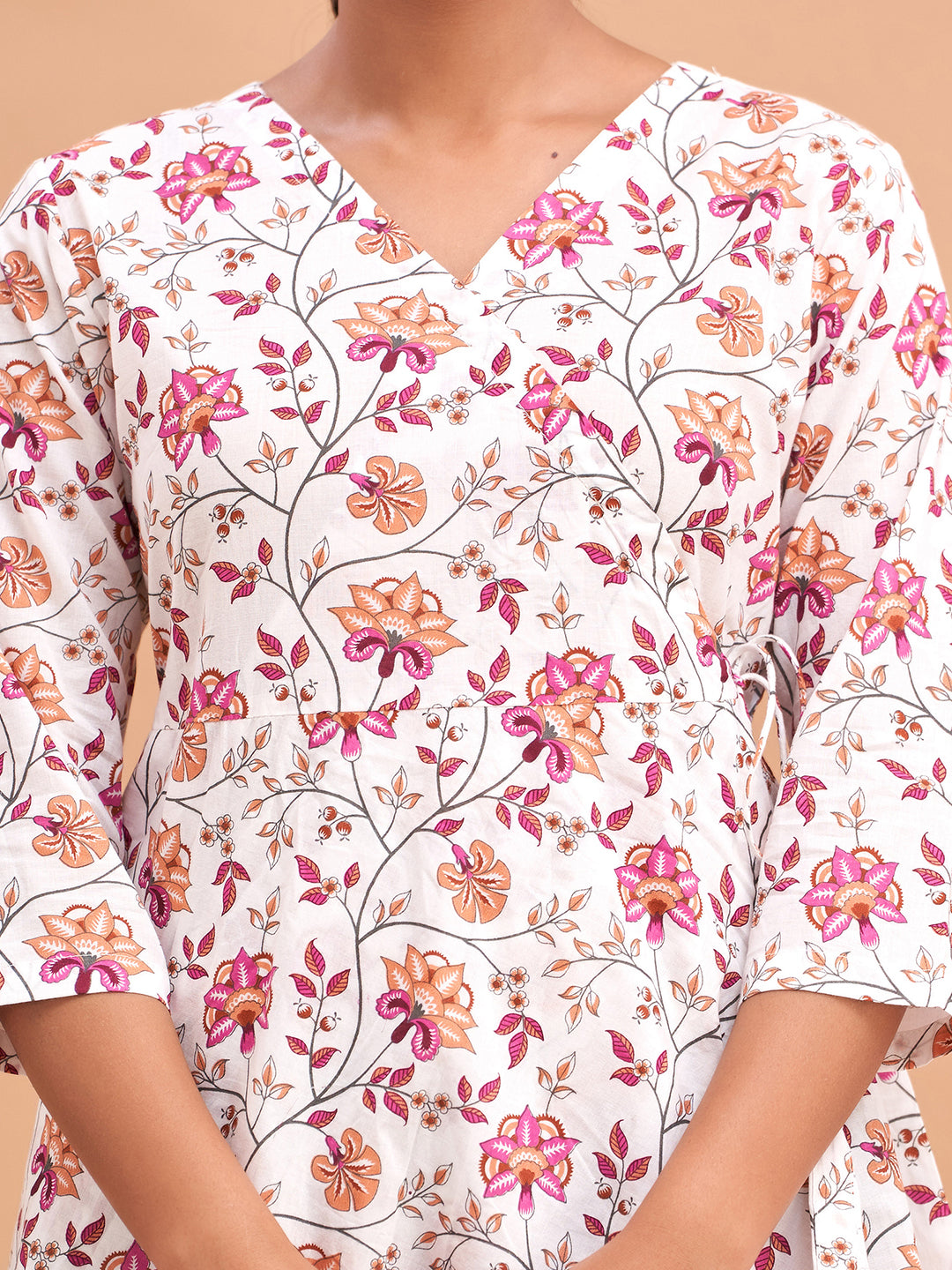 Floral Printed V-Neck Pure Cotton Angrakha A-Line Kurti FRKT6181