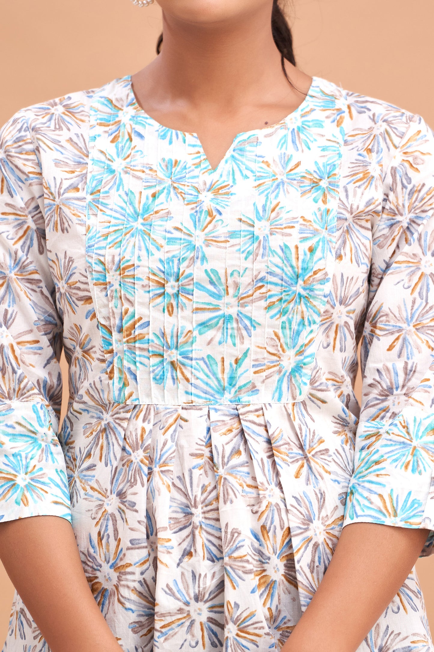 Ethnic Motifs Printed Gathers Cotton Tunic FRKT6219