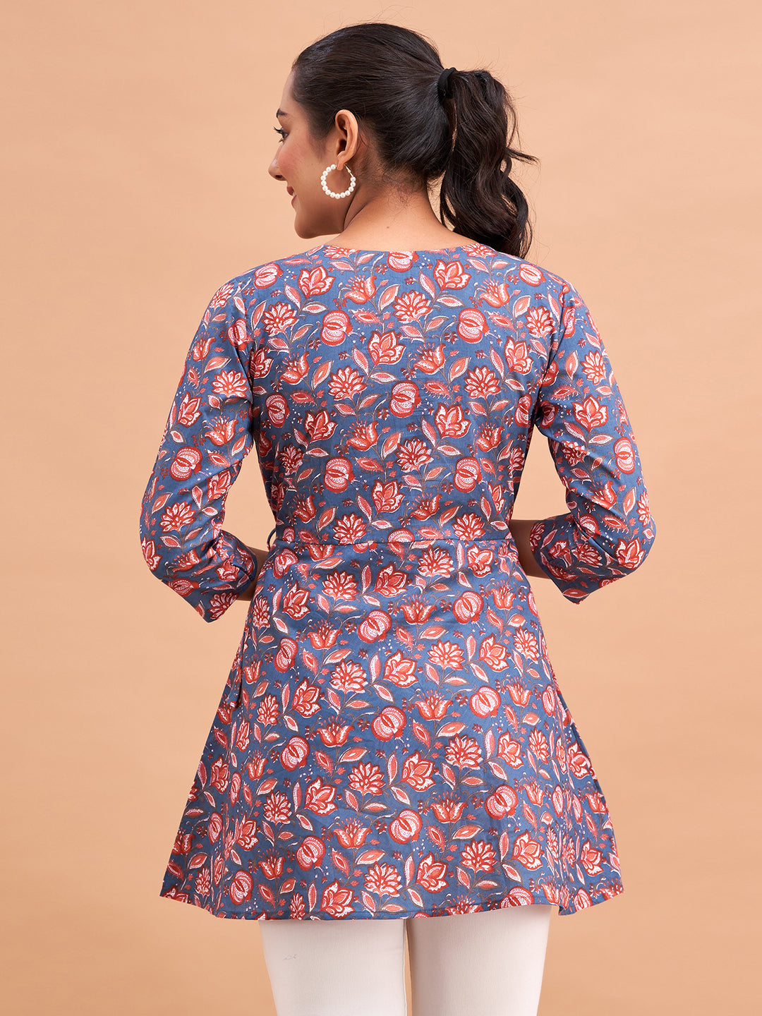 Floral Printed V-Neck Pure Cotton Angrakha A-Line Kurti FRKT6186