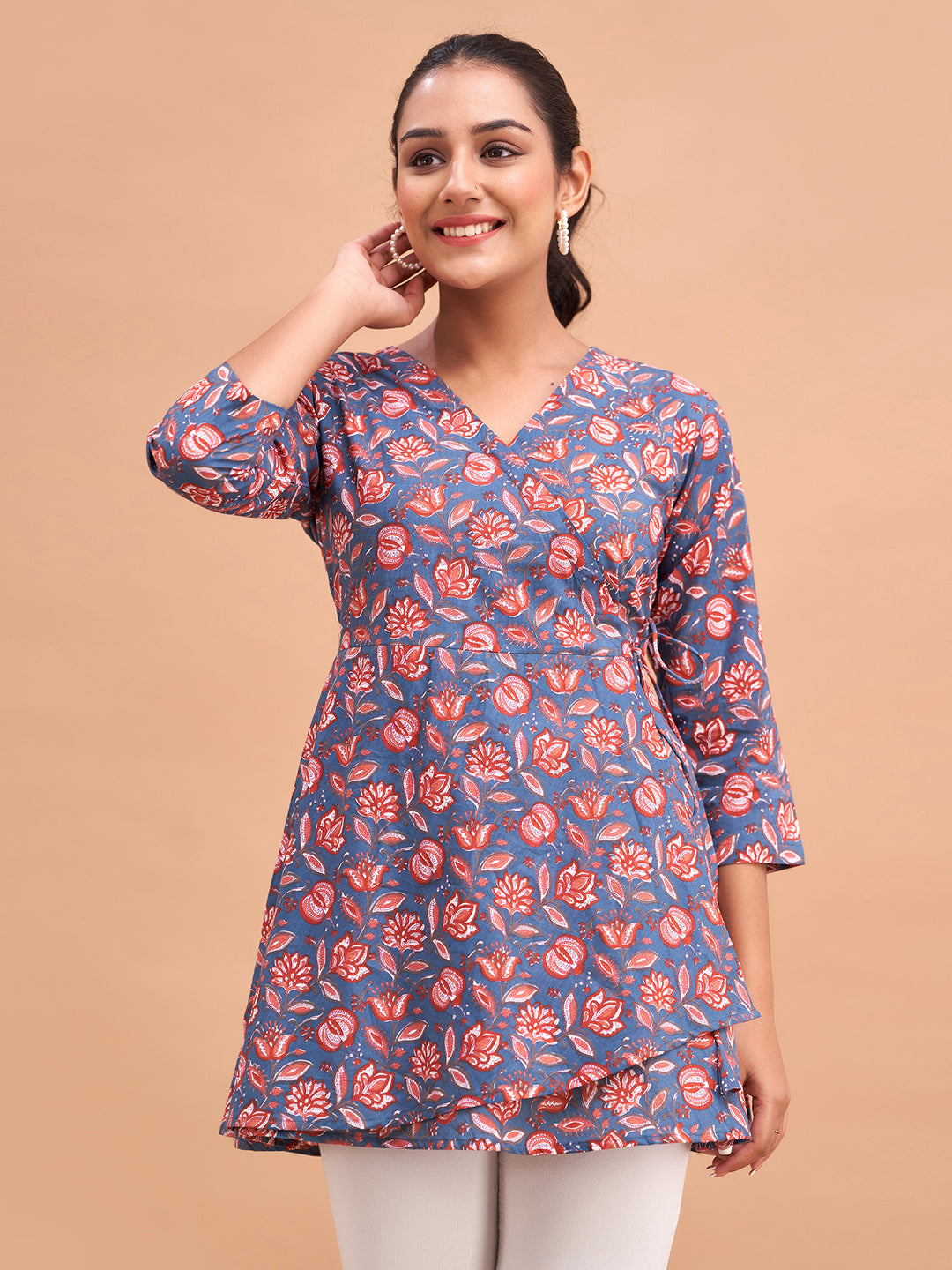 Floral Printed V-Neck Pure Cotton Angrakha A-Line Kurti FRKT6186