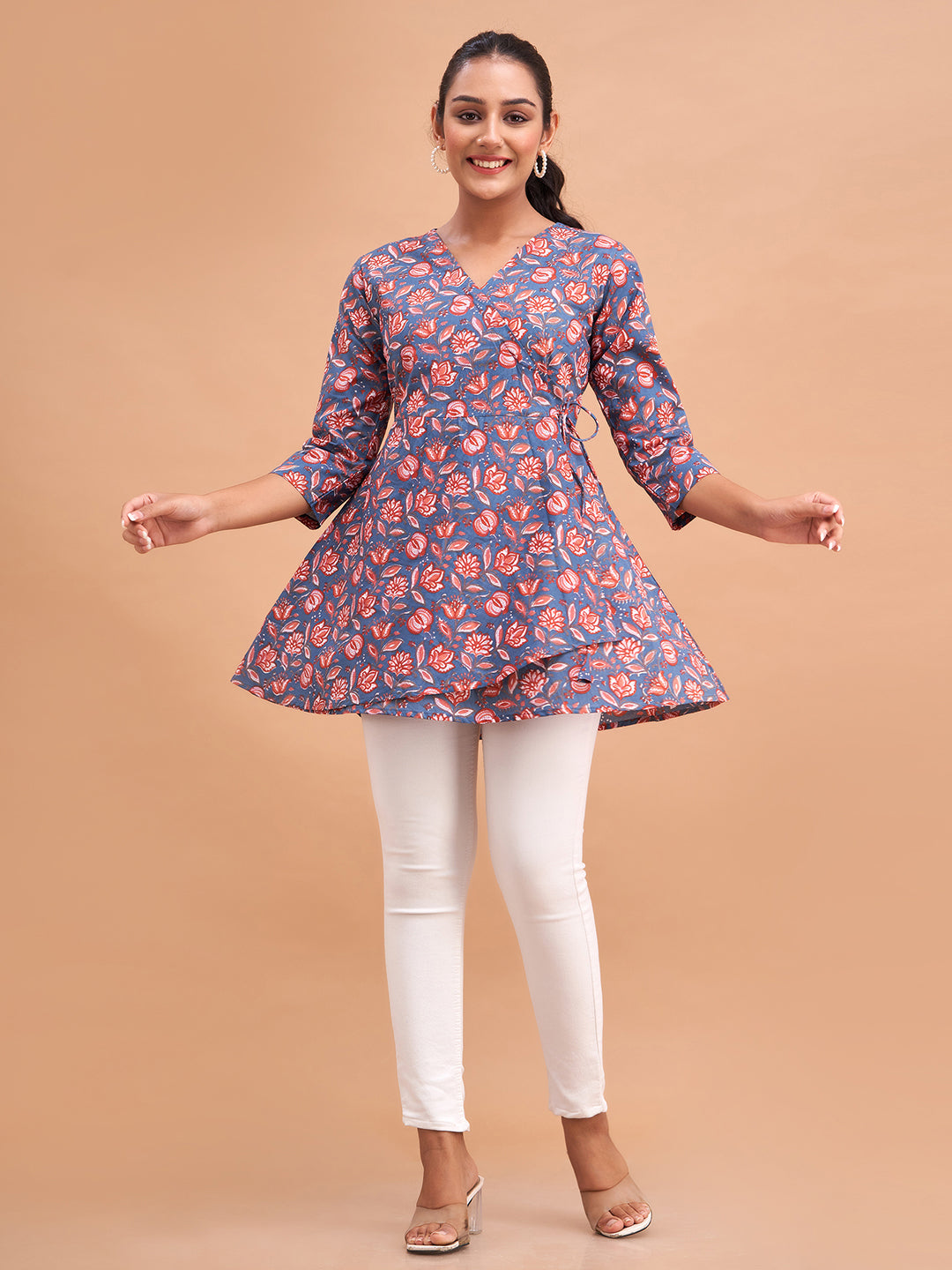 Floral Printed V-Neck Pure Cotton Angrakha A-Line Kurti FRKT6186