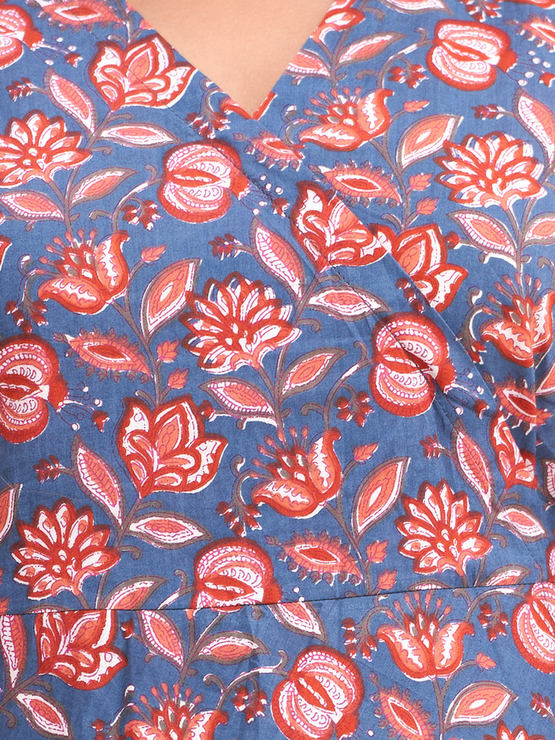 Floral Printed V-Neck Pure Cotton Angrakha A-Line Kurti FRKT6186