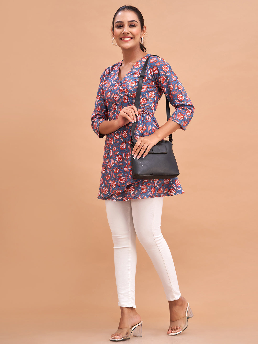 Floral Printed V-Neck Pure Cotton Angrakha A-Line Kurti FRKT6186