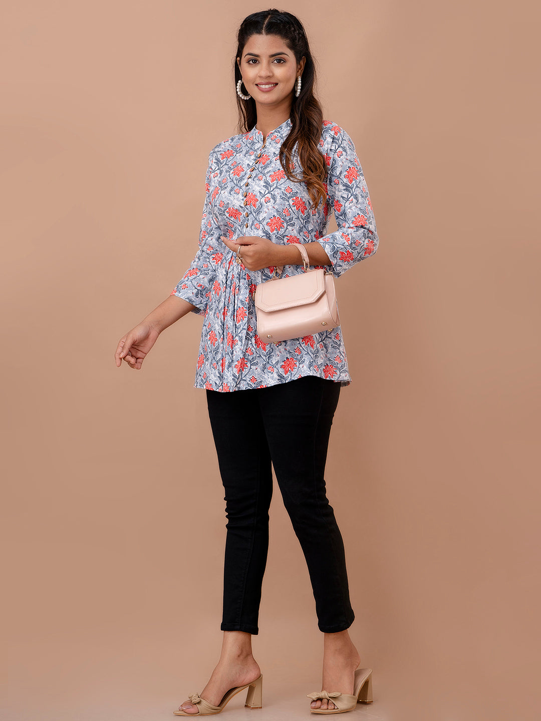 Floral Printed Pure Cotton Pleated A-Line Kurti FRKT6244