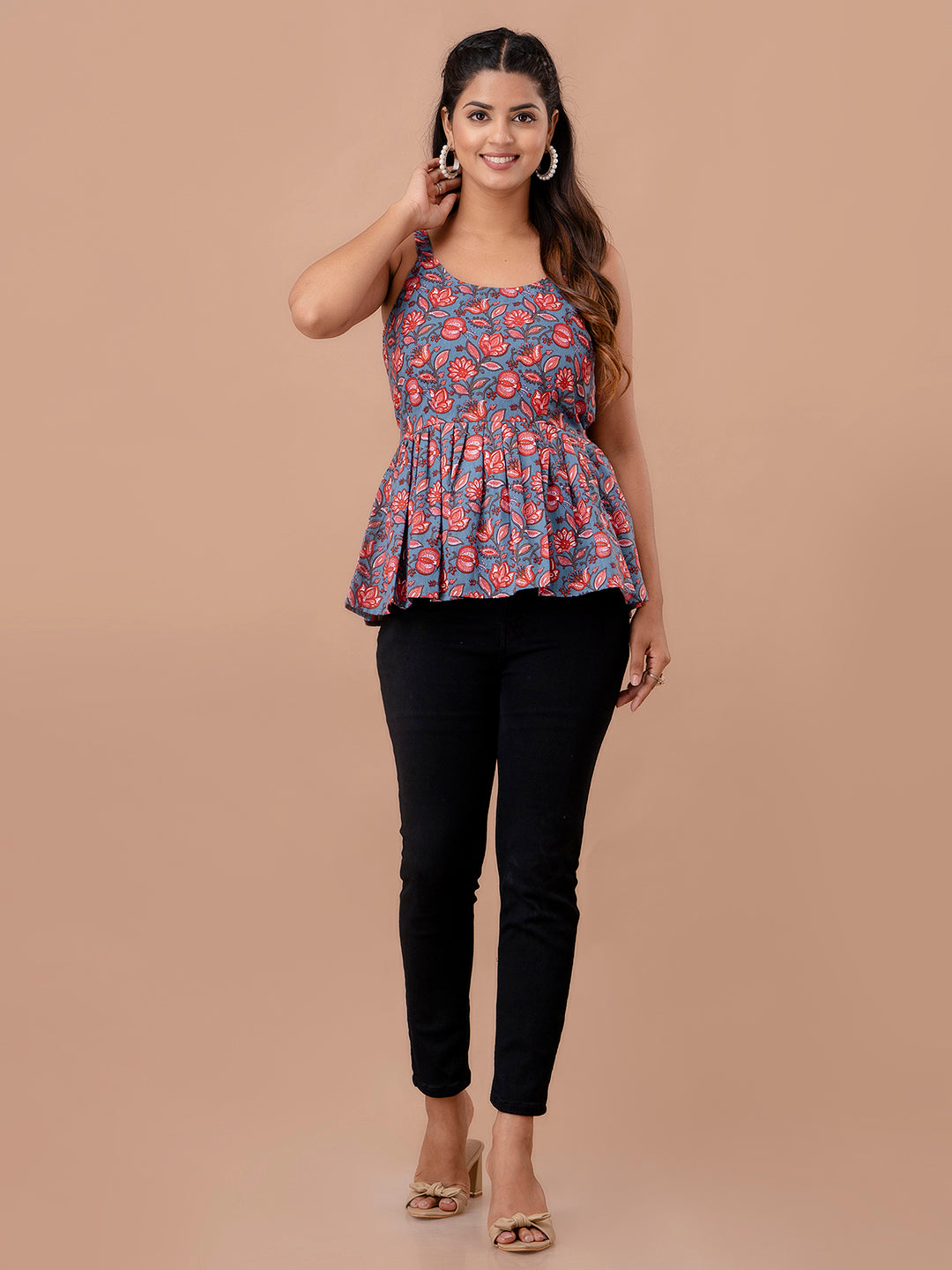Floral Print Cotton Peplum Top
