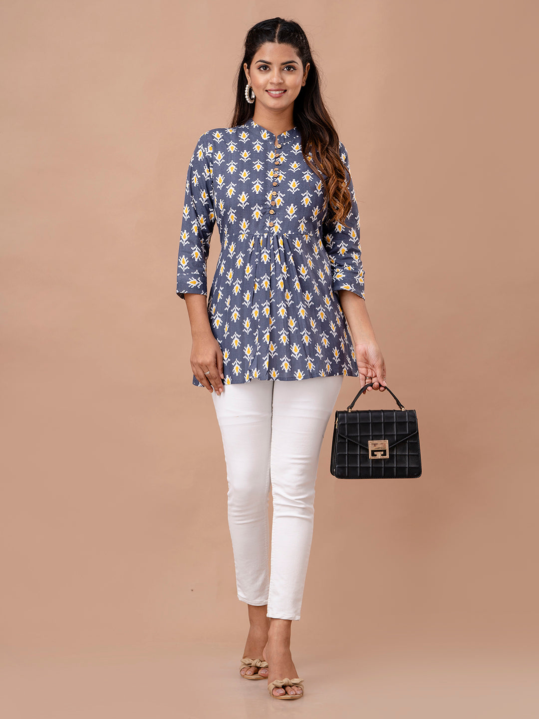 Floral Printed Pure Cotton Pleated A-Line Kurti FRKT6242