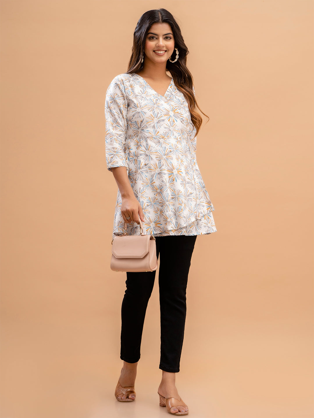 Floral Printed V-Neck Pure Cotton Angrakha A-Line Kurti FRKT6187