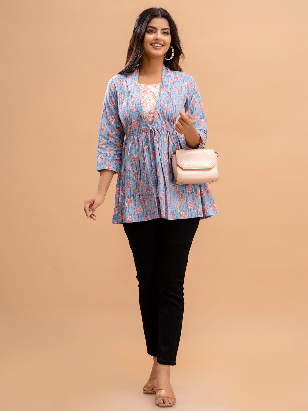 Floral Printed Shirt Collar Pure Cotton Pleated Kurti FRKT6216