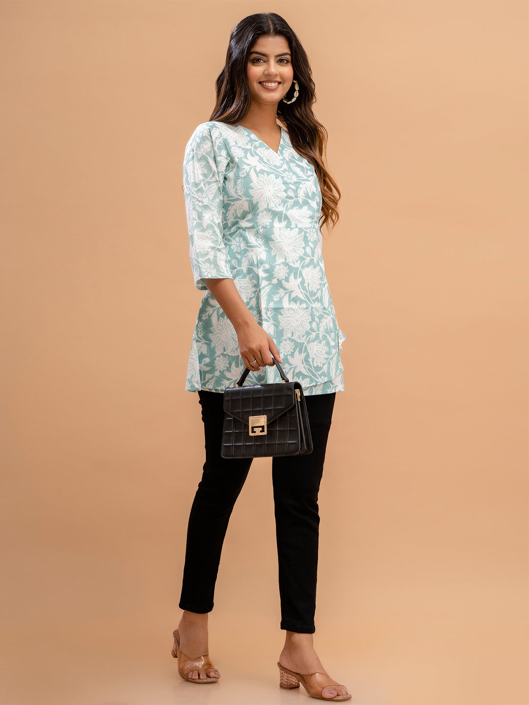 Floral Printed V-Neck Pure Cotton Angrakha A-Line Kurti FRKT6178