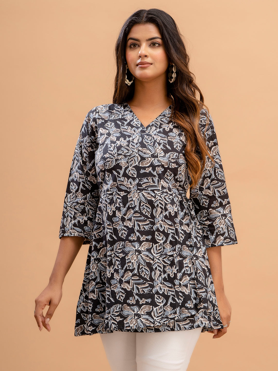 Floral Printed V-Neck Pure Cotton Angrakha A-Line Kurti FRKT6180