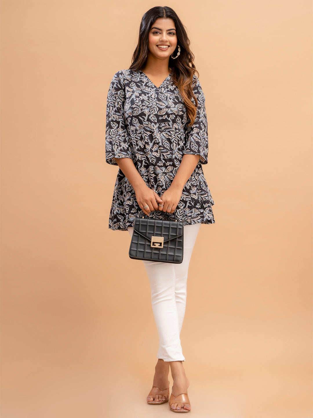 Floral Printed V-Neck Pure Cotton Angrakha A-Line Kurti FRKT6180