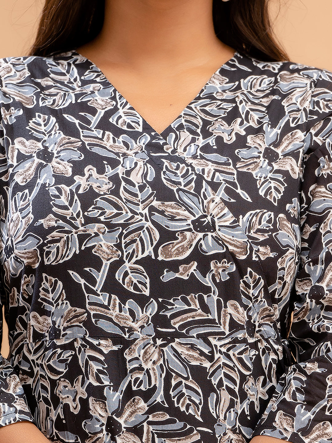 Floral Printed V-Neck Pure Cotton Angrakha A-Line Kurti FRKT6180