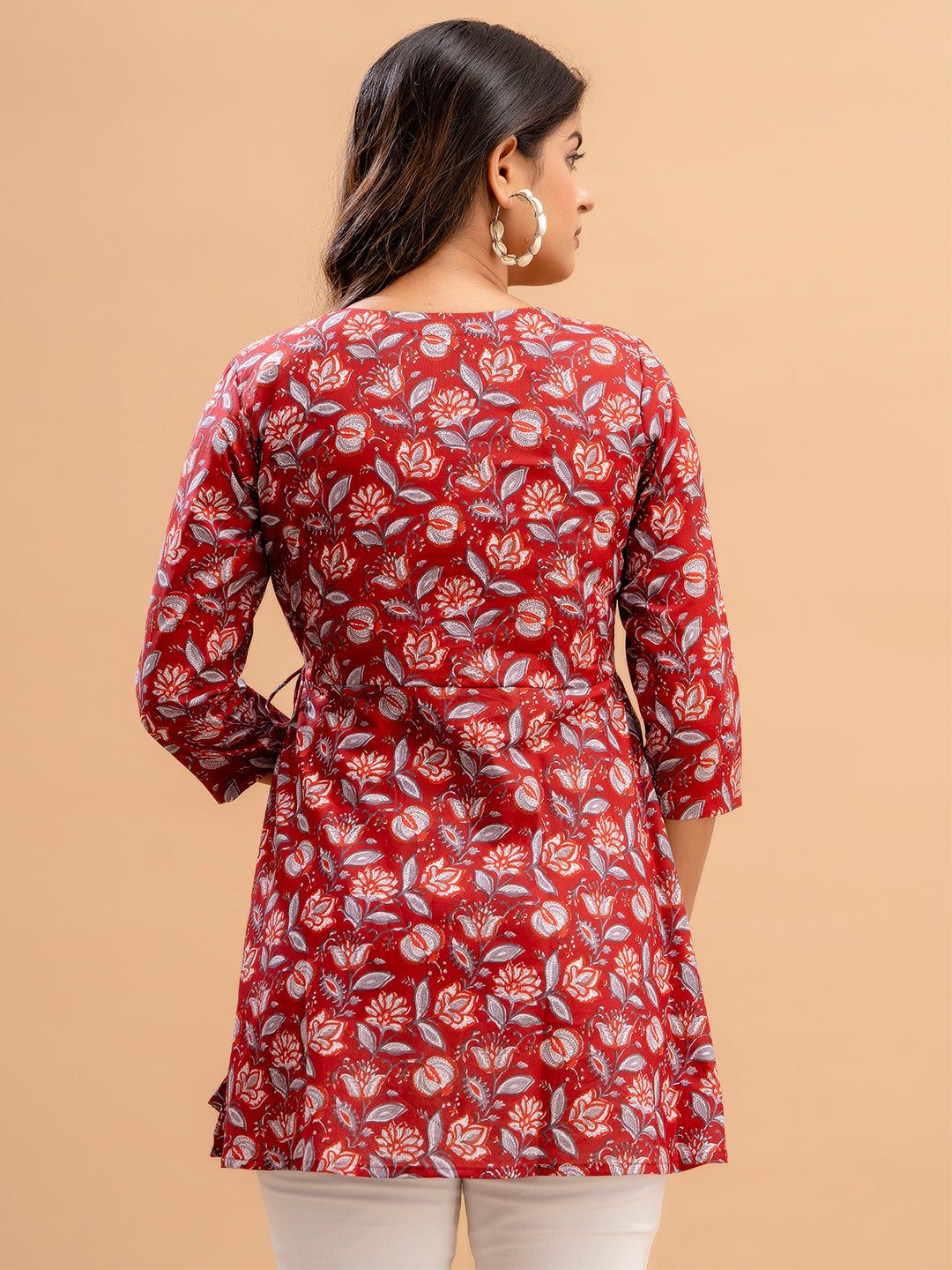 Floral Printed V-Neck Pure Cotton Angrakha A-Line Kurti FRKT6189