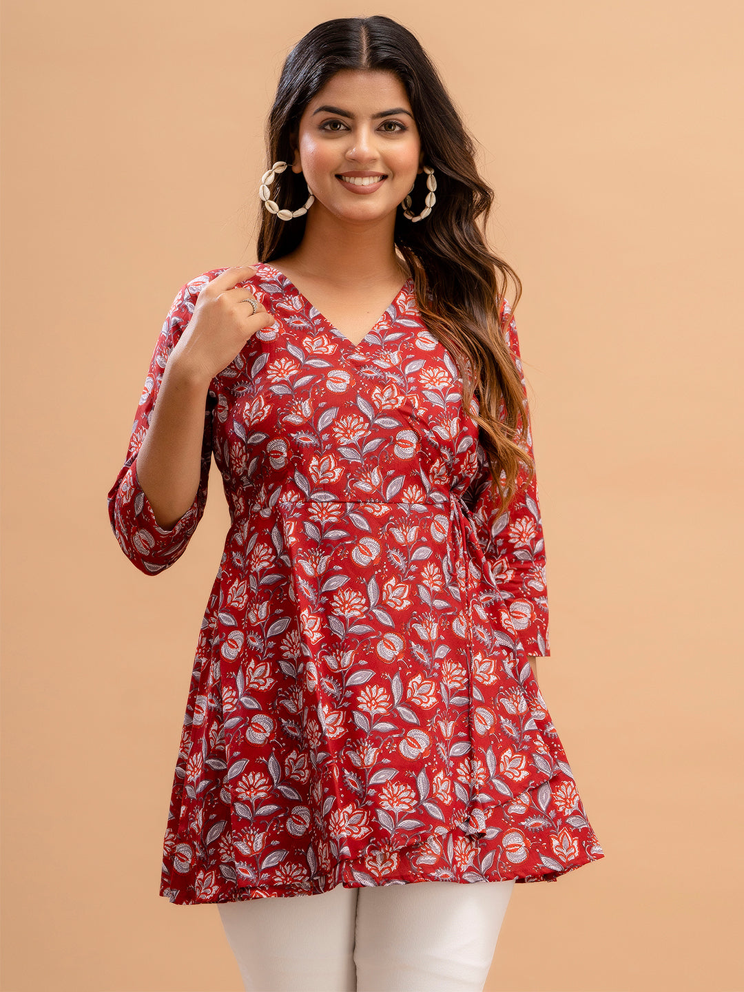Floral Printed V-Neck Pure Cotton Angrakha A-Line Kurti FRKT6189