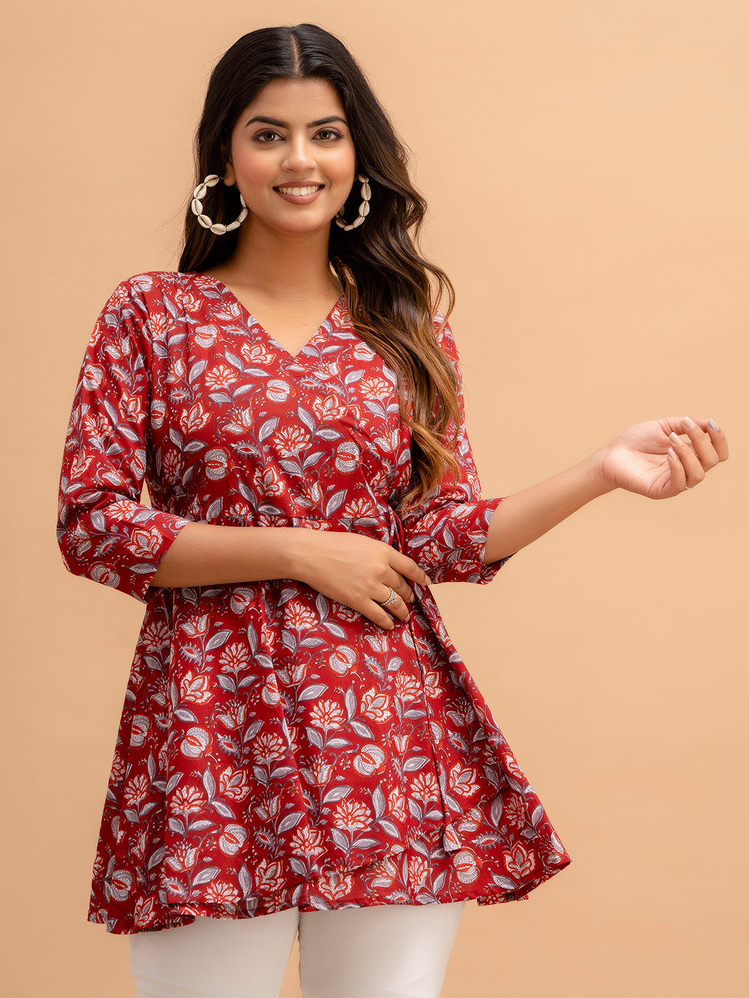 Floral Printed V-Neck Pure Cotton Angrakha A-Line Kurti FRKT6189