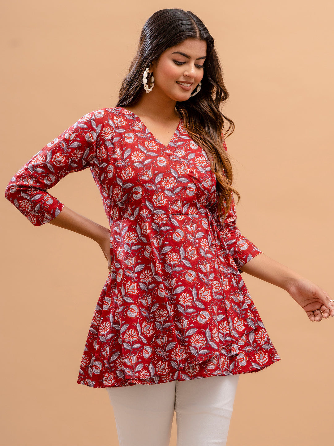 Floral Printed V-Neck Pure Cotton Angrakha A-Line Kurti FRKT6189