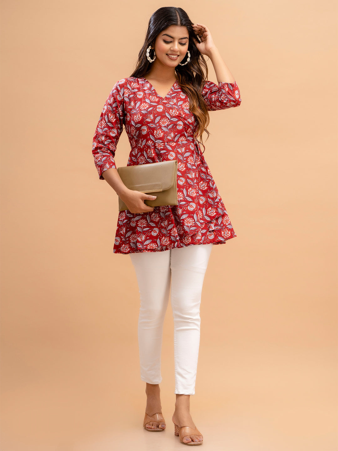 Floral Printed V-Neck Pure Cotton Angrakha A-Line Kurti FRKT6189