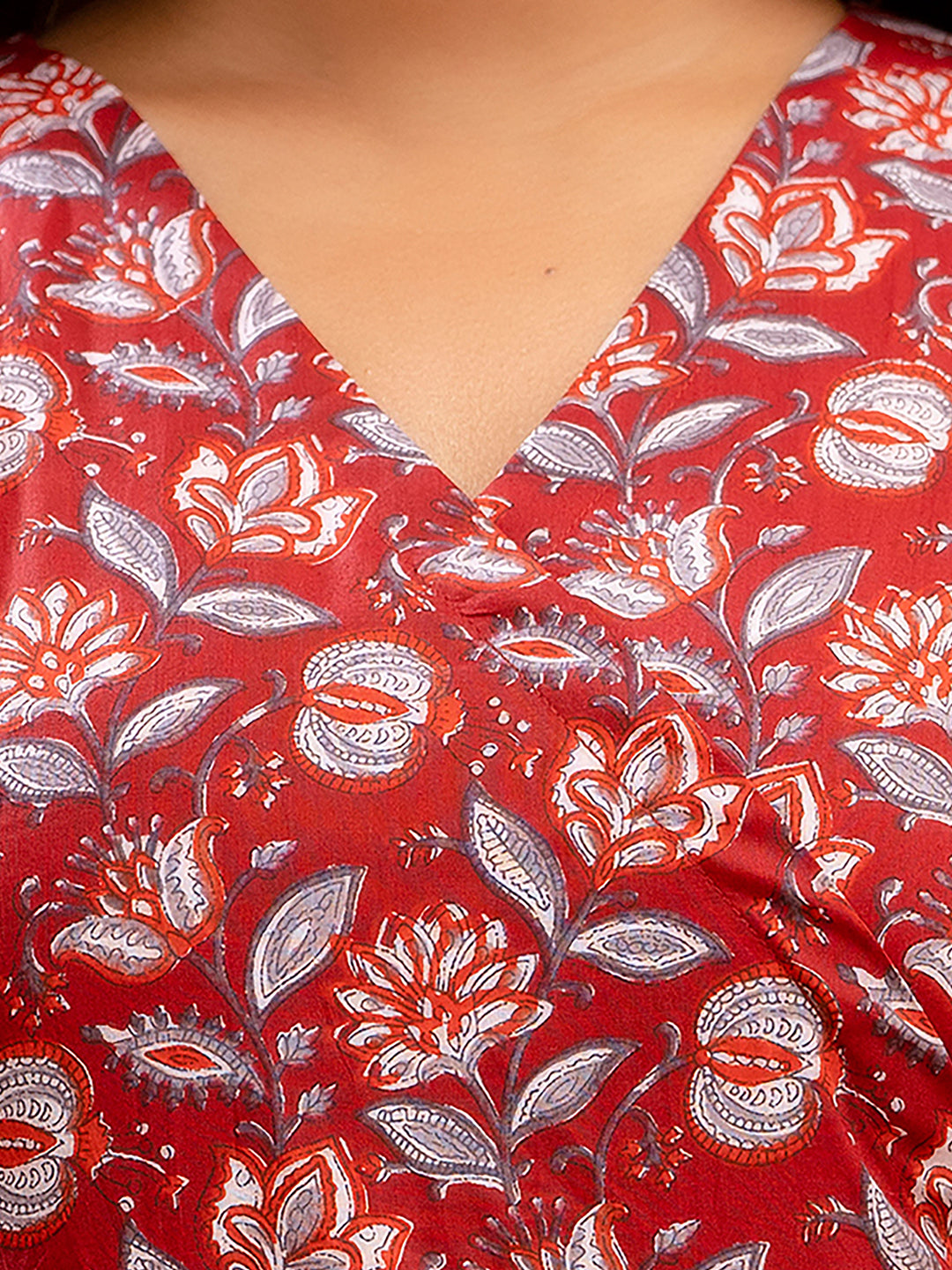 Floral Printed V-Neck Pure Cotton Angrakha A-Line Kurti FRKT6189