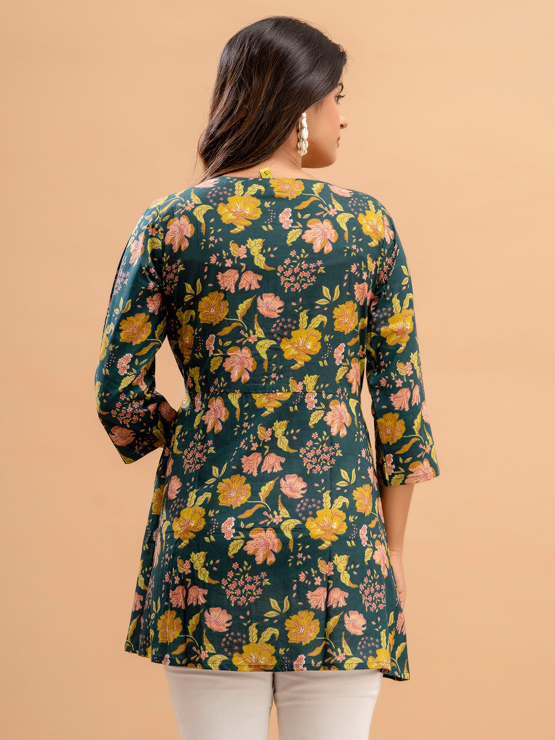 Floral Printed V-Neck Pure Cotton Angrakha A-Line Kurti FRKT6179