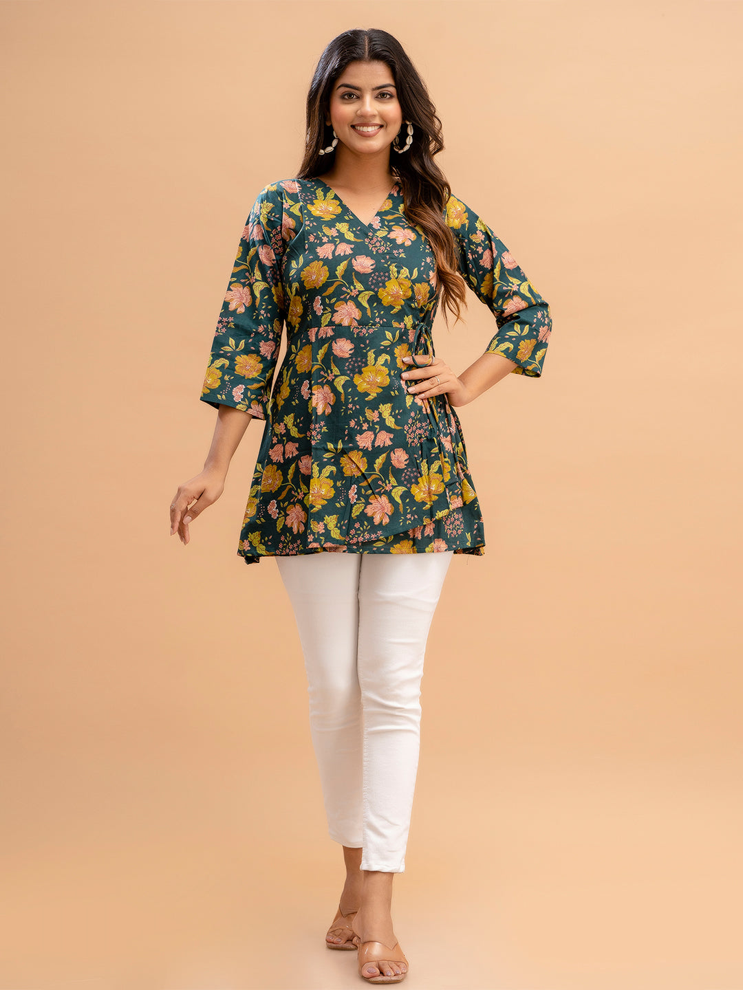 Floral Printed V-Neck Pure Cotton Angrakha A-Line Kurti FRKT6179