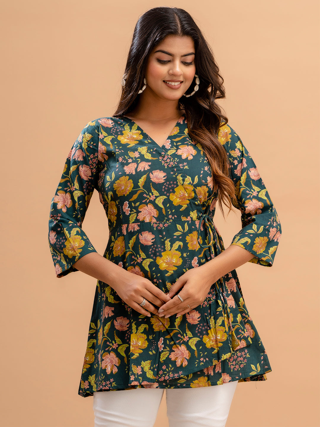 Floral Printed V-Neck Pure Cotton Angrakha A-Line Kurti FRKT6179