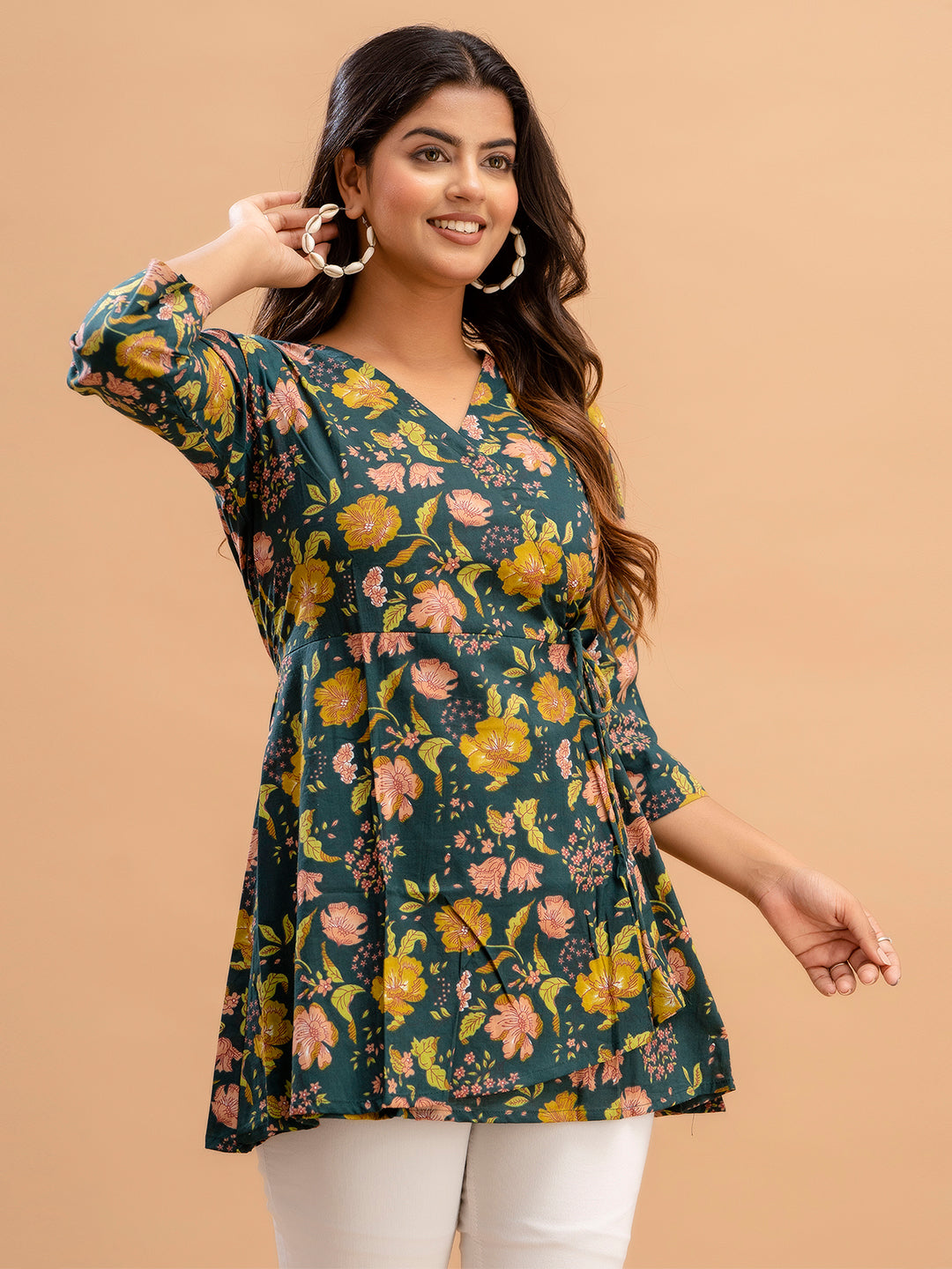 Floral Printed V-Neck Pure Cotton Angrakha A-Line Kurti FRKT6179