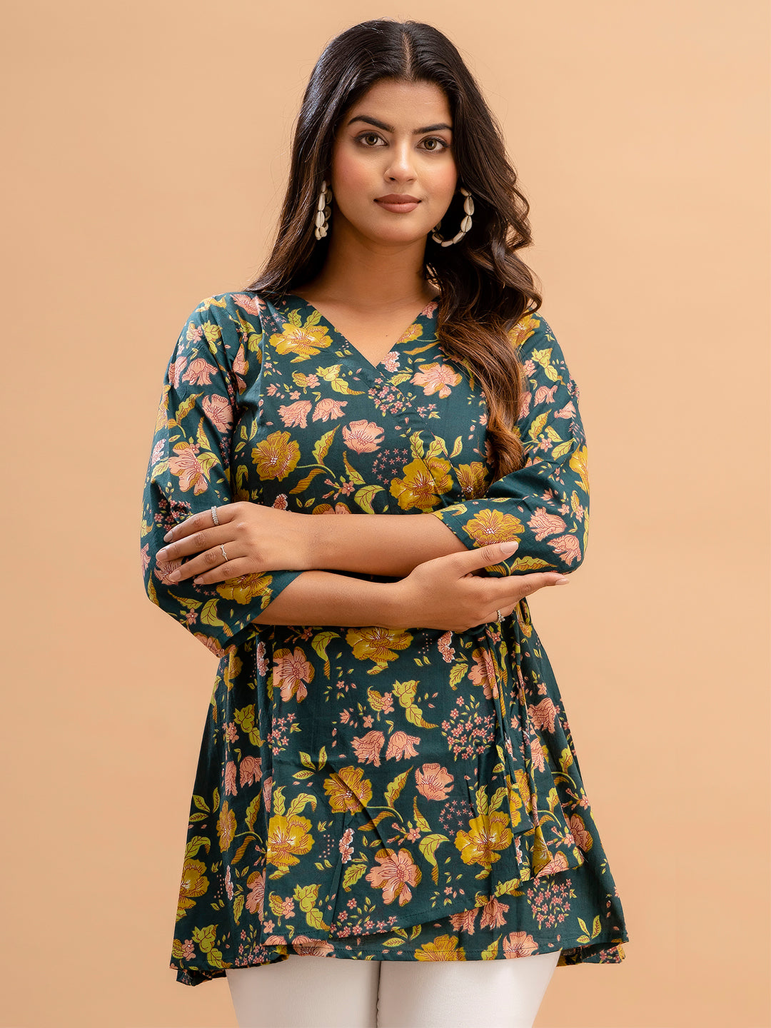 Floral Printed V-Neck Pure Cotton Angrakha A-Line Kurti FRKT6179