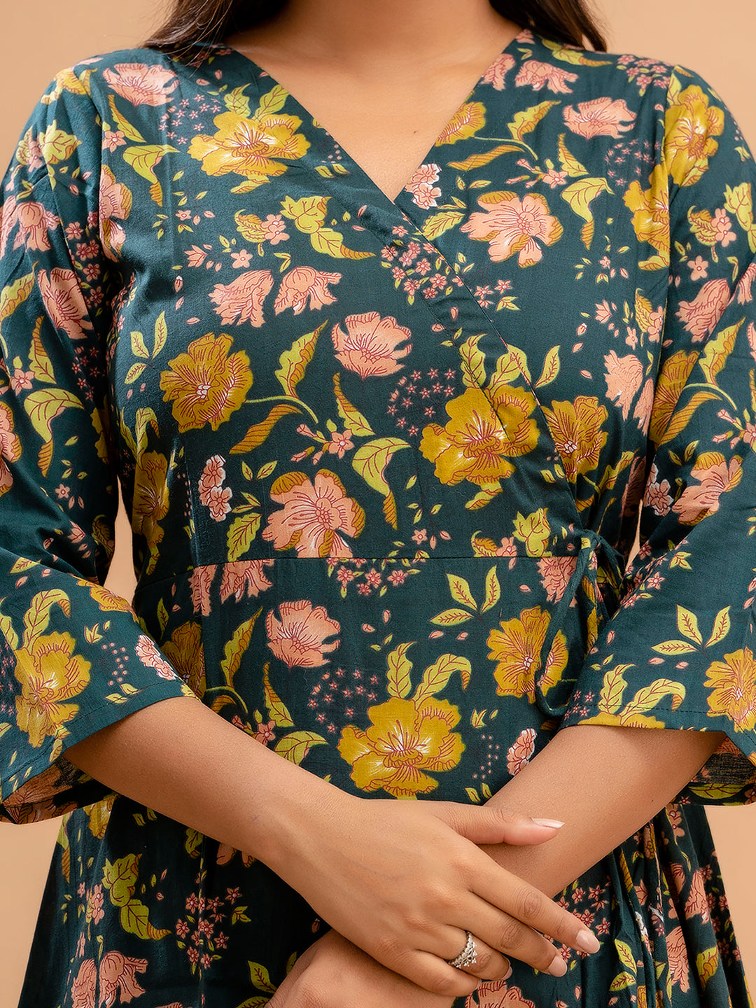 Floral Printed V-Neck Pure Cotton Angrakha A-Line Kurti FRKT6179