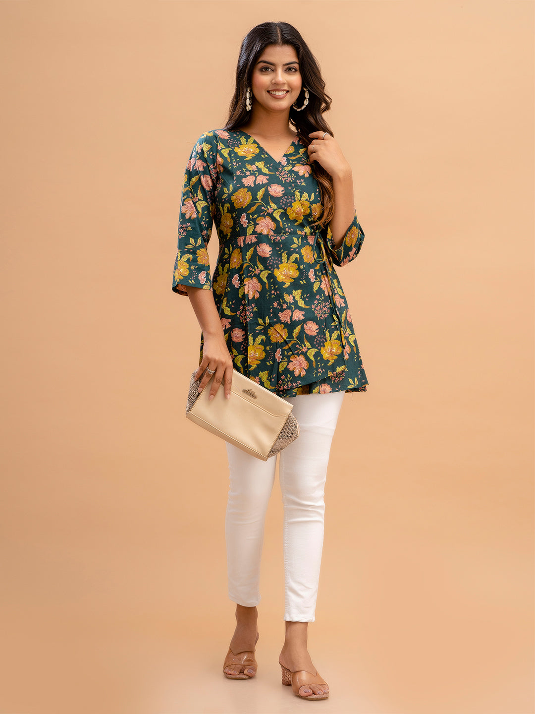 Floral Printed V-Neck Pure Cotton Angrakha A-Line Kurti FRKT6179