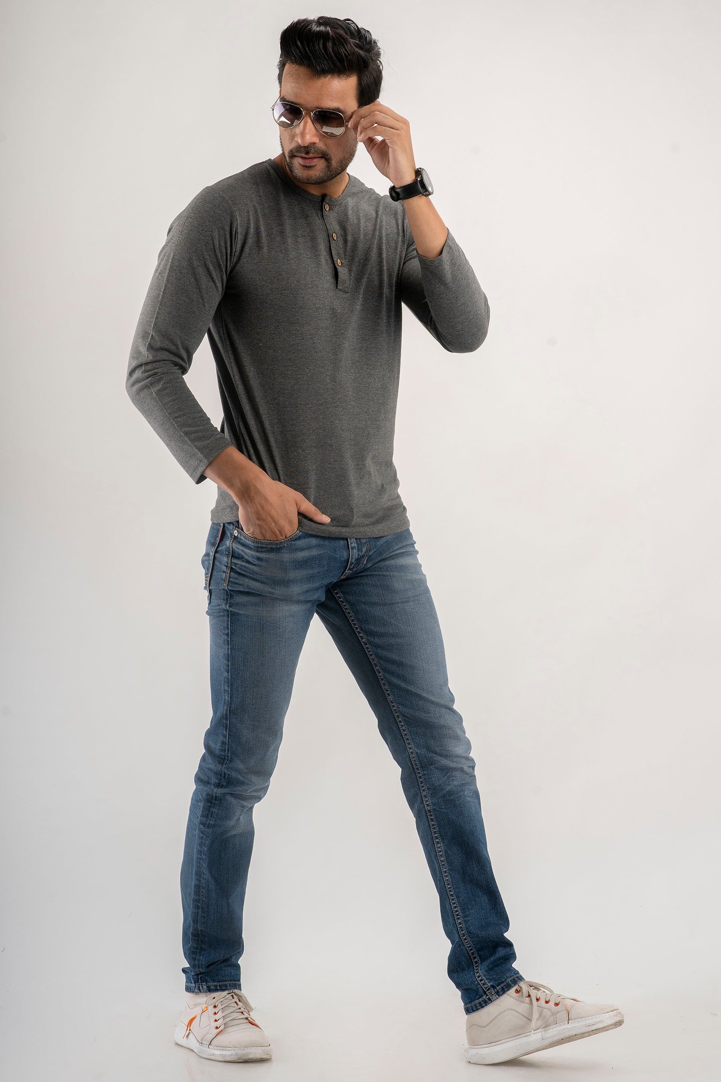 Plain Dark Grey Henley Full Sleeves T-Shirt