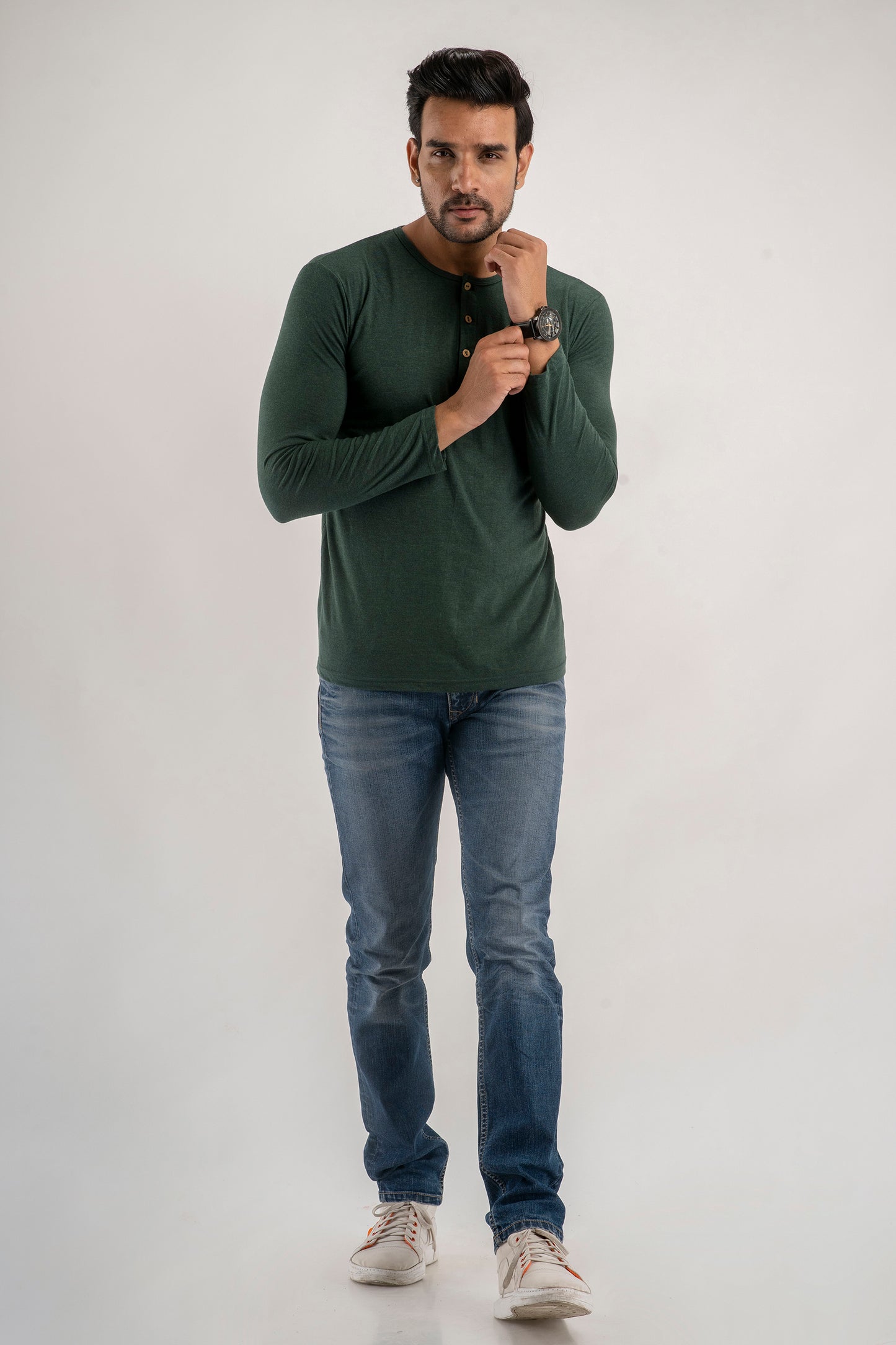 Plain Green Melange Henley Full Sleeves T-Shirt