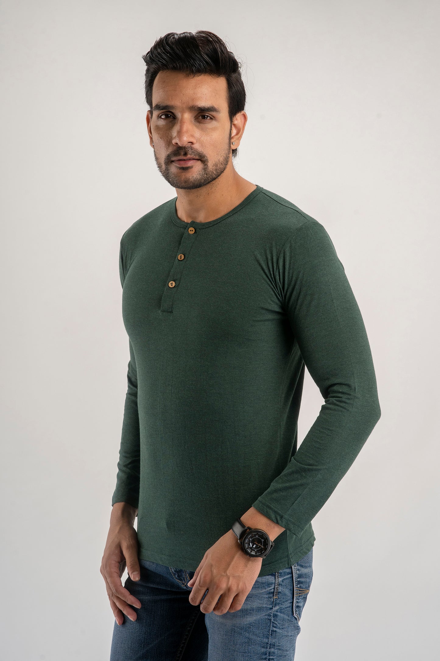 Plain Green Melange Henley Full Sleeves T-Shirt