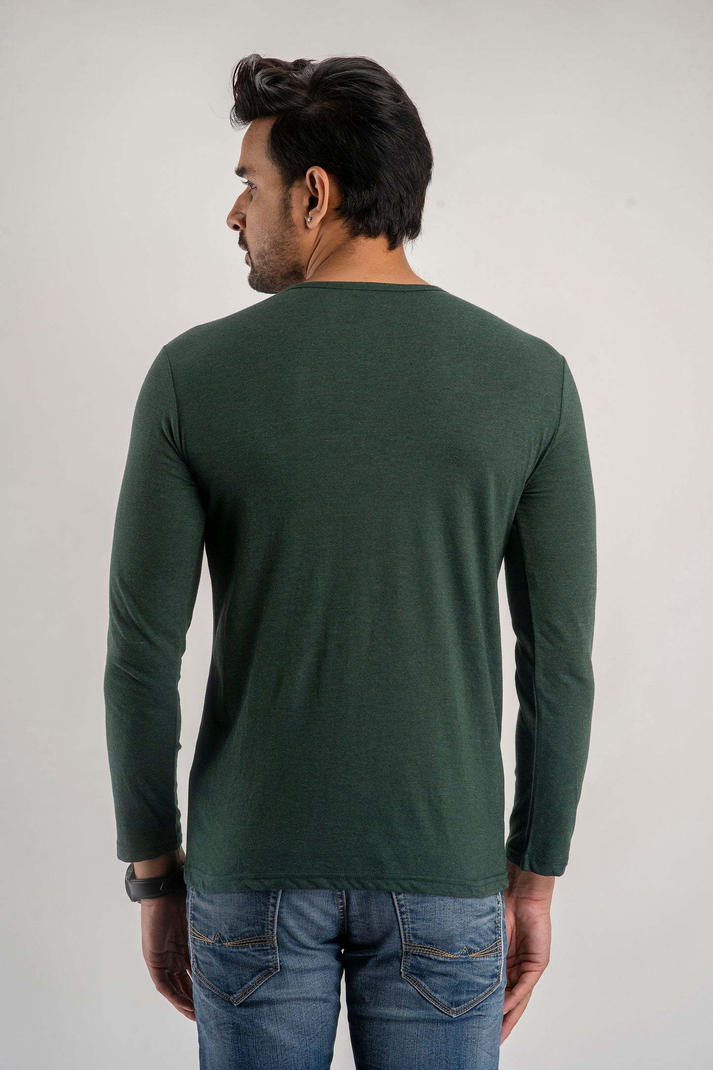 Plain Green Melange Henley Full Sleeves T-Shirt