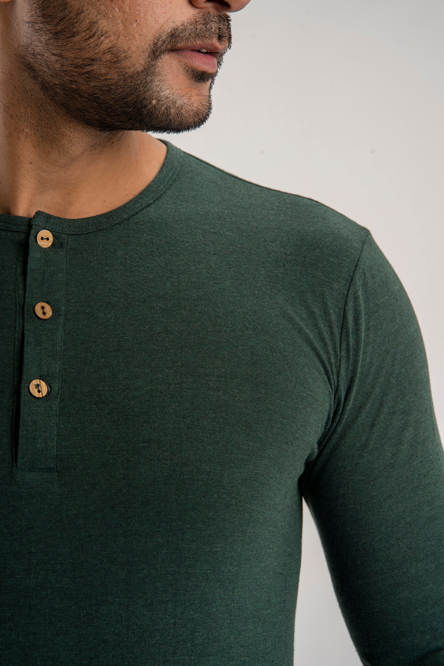 Plain Green Melange Henley Full Sleeves T-Shirt