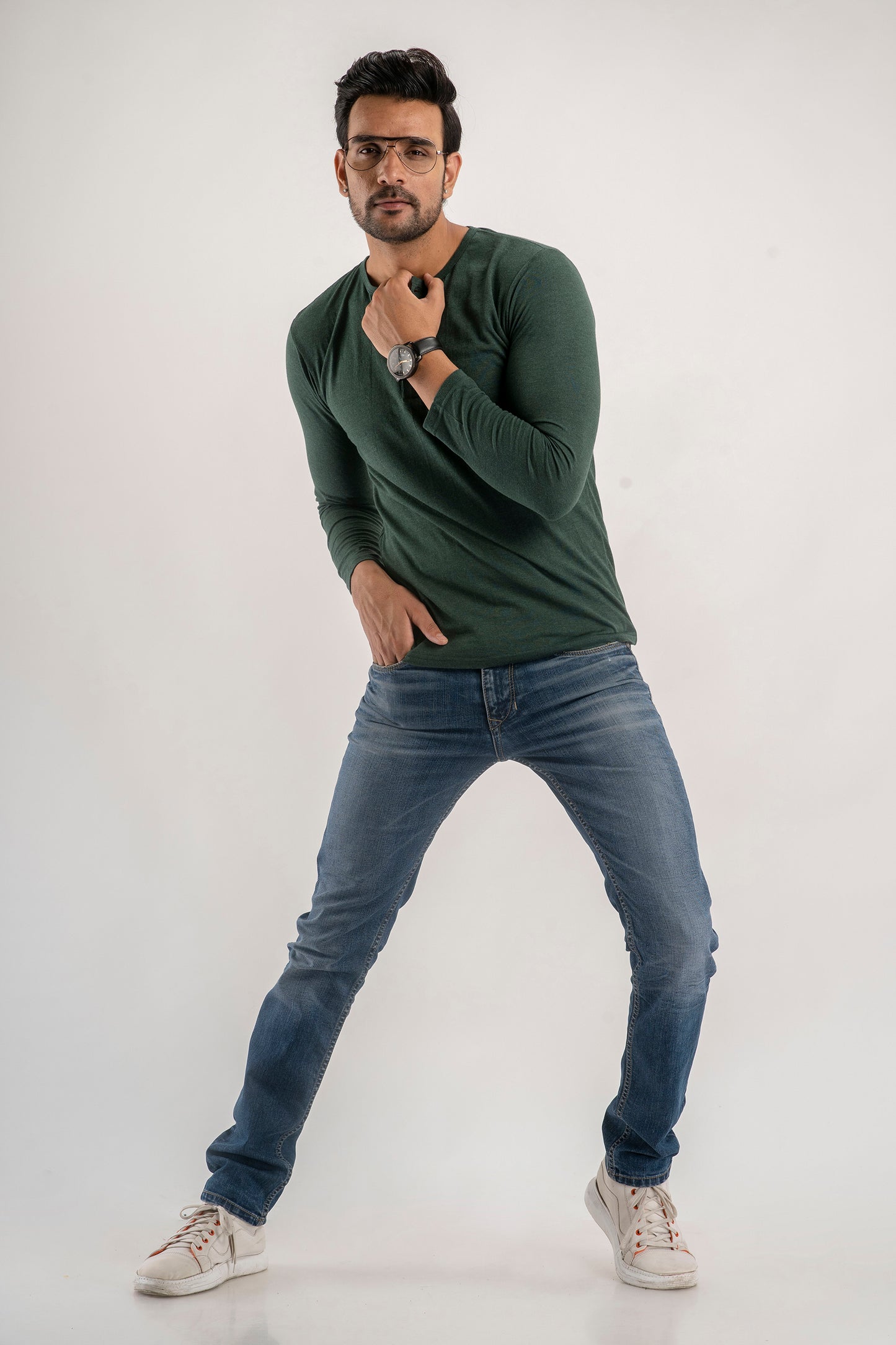 Plain Green Melange Henley Full Sleeves T-Shirt