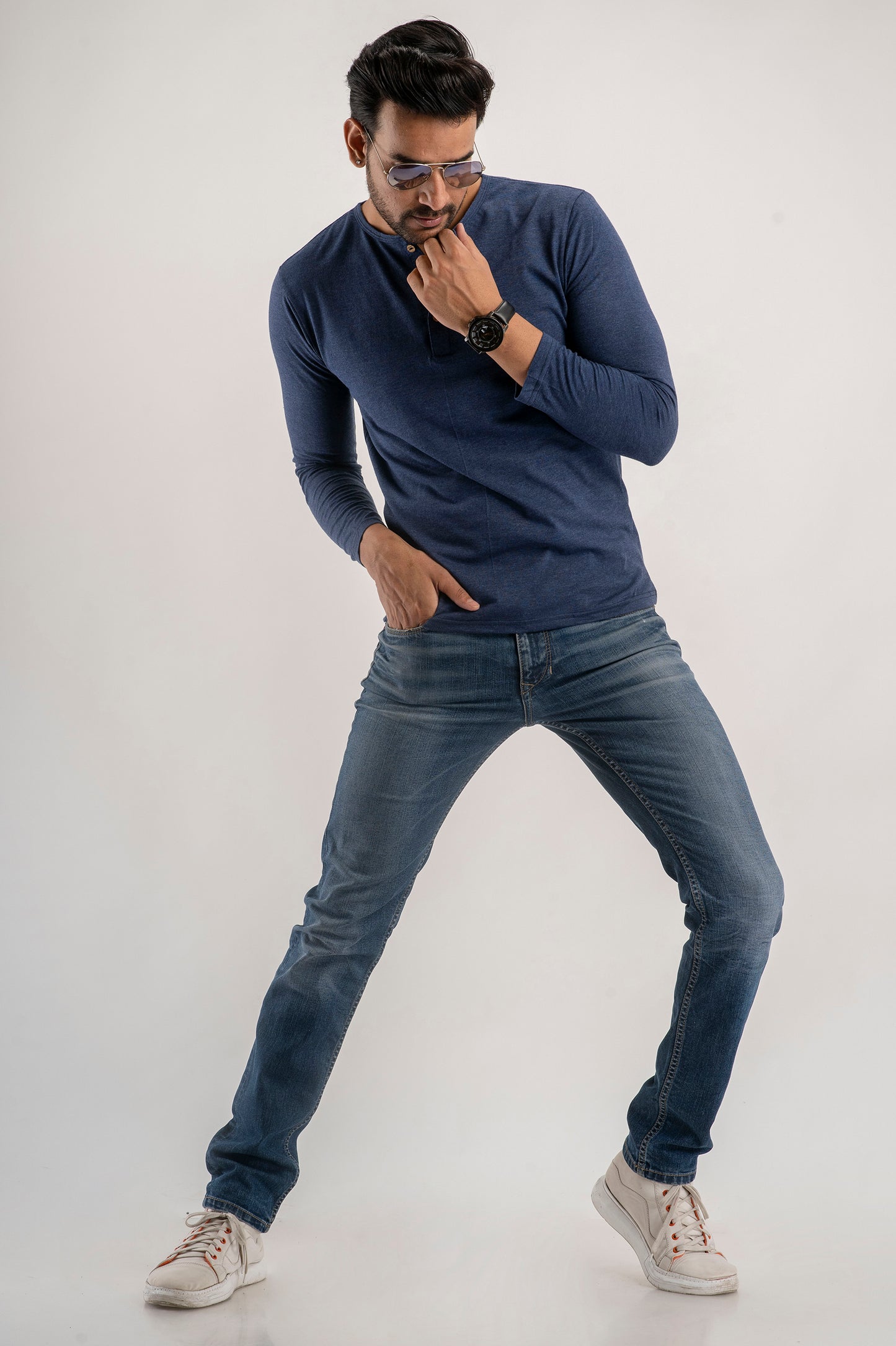 Plain Blue Melange Henley Full Sleeves T-Shirt